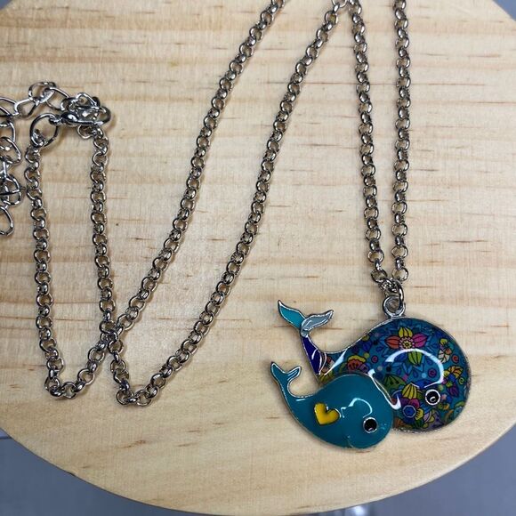 Cute Whale Mother and Baby Necklace Pendant Colorful Ocean Animal 20 in Chain - Picture 2 of 4